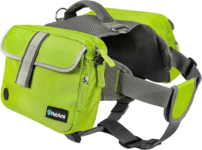 PetAmi Dog Backpack for Medium Large Dogs, Dog Saddle Bag for Dogs to Wear, Harness Saddlebag with Reflective Safety Side Pockets for Hiking, Camping, Vest Dog Pack for Travel (Green, Medium)