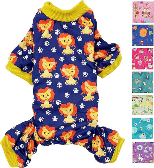 Dog Pajamas Soft COTTON Blend Jumpsuit Cute Pet Clothes for Small Medium Pet (Navy Lions, XXS: Length 8", Chest 10" - 12")