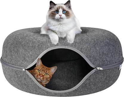 Emory Lane - Premium Cat Cave for Small Pets, Multifunctional Donut Tunnel Bed for Indoor Pets, Round Felt Pet Cave with Premium Zipper, for Pets up to 40 Lbs (24x24x11 Inch) (Dark Gray)