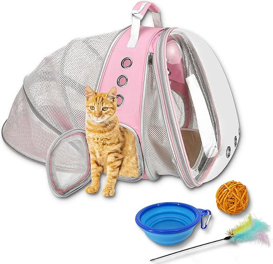 Cat Backpack, Expandable Front and Back Pet Backpack Carrier, Airline-Approved, Animal Carrying Backpacks for Cat and Dog, Transparent Capsule Dog Backpack for Travel, Hiking, and Outdoor Use Pink