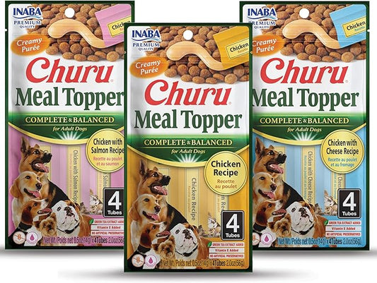 INABA Churu Meal Topper for Dogs, Complete & Balanced, Creamy, Lickable Purée Dog Food Topper, 0.5 Ounce Tube, 12 Tubes (4 per Pack), 3 Flavor Variety