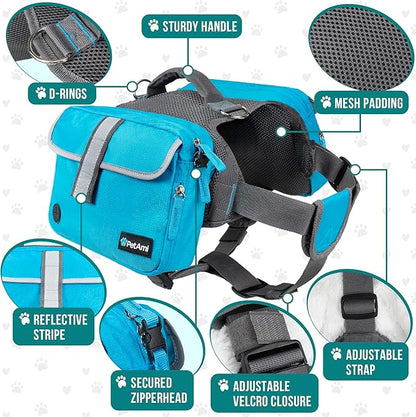 PetAmi Dog Backpack for Medium Large Dogs, Dog Saddle Bag for Dogs to Wear, Harness Saddlebag with Reflective Safety Side Pockets for Hiking, Camping, Vest Dog Pack for Travel (Blue, Medium)