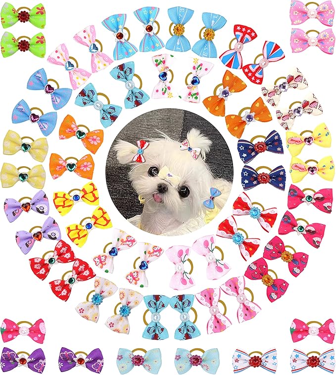 60Pcs Puppy Dogs Hair Barrettes Bows with Rubber Bands