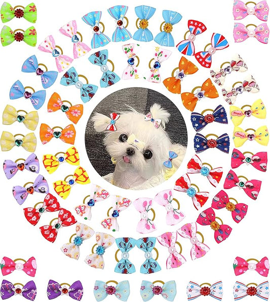 60Pcs Puppy Dogs Hair Barrettes Bows with Rubber Bands
