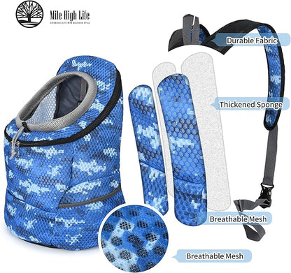 Mile High Life | Hiking Outdoor Pet Carrier Backpack | Kitty Puppy Cat Carrier | Dog Carrier for Small Dogs | Dog Backpack w Breathable Mesh with Soft Padding(Camouflage Blue, Small (Pack of 1))