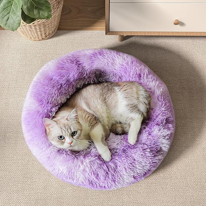 WESTERN HOME WH Calming Dog & Cat Bed, Anti-Anxiety Donut Cuddler Warming Cozy Soft Round Bed, Fluffy Faux Fur Plush Cushion Bed for Small Medium Dogs and Cats (20"/24"/27"/30")