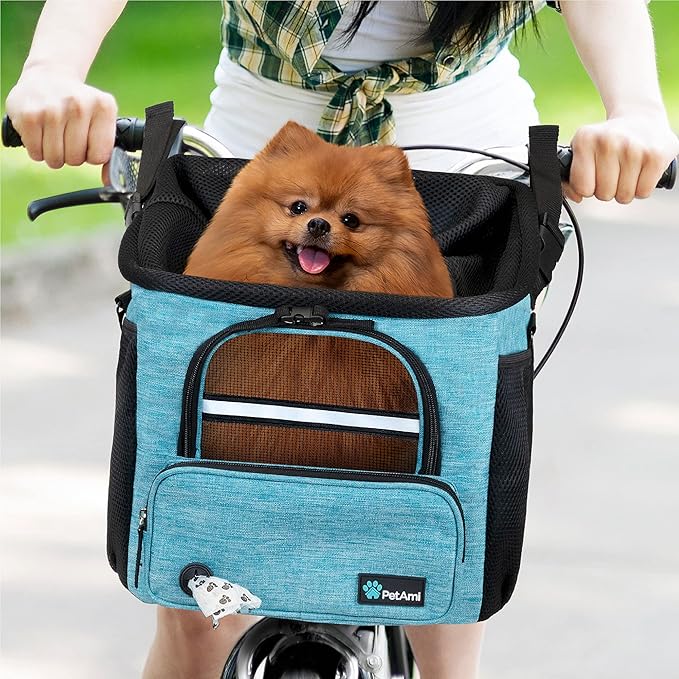 PetAmi Dog Bike Basket, Soft-sided Ventilated Dog Bike Carrier Backpack, Dog Pet Bicycle Basket for Bike Handlebar, Small Medium Puppy Cat Kitten Car Booster Seat with Safety Strap (Teal Blue)