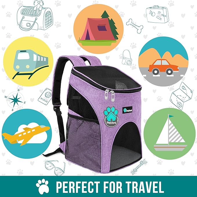 PetAmi Small Dogs and Cat Backpack Carrier, Airline Approved Pet Backpack Carrier, Ventilated, Safety Strap, Buckle Support Designed for Hiking Travel Camping Outdoor, Max 18 lbs (Heather Purple)