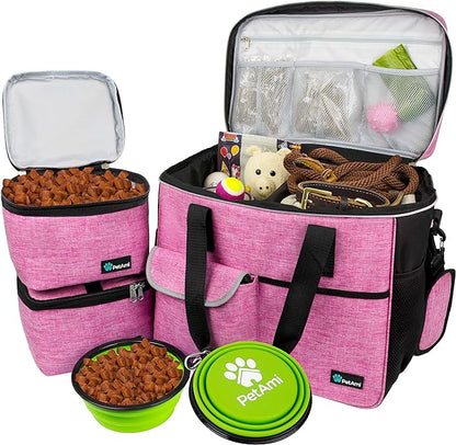 PetAmi Dog Travel Bag, Travel Pet Bag Organizer, Dog Food Travel Bag with Food Container and Bowls, Dog Travel Supplies Gift Accessories for Weekend Camping, Dog Cat Diaper Bag (Pink, Large)