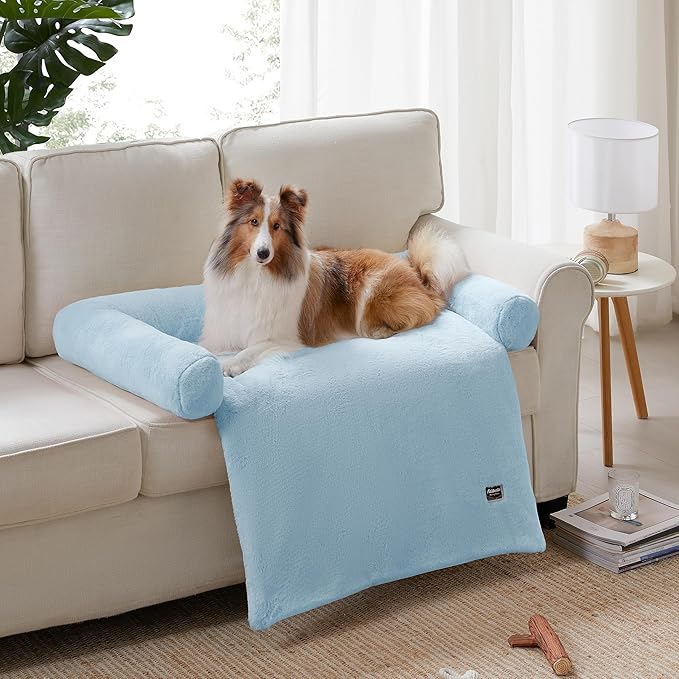 Allisandro Calming Dog Bed Mat, Washable Couch Cover for Dogs, Comfort and Anti-Slip Sofa Dog Bed with Bolster, Waterproof Furniture Protector Cover for Pets, 42x38x5 Inches, Blue