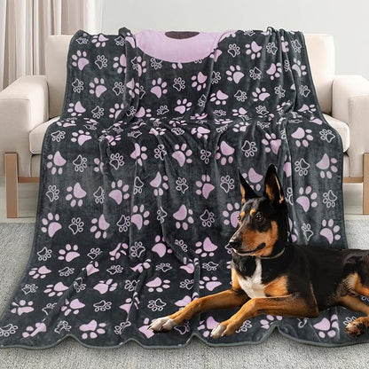 Upgraded Dog Blankets for Large Dogs 2024, Dog Cat Flannel Blankets Washable, Soft Pet Mat Throw Cover for Kennel Crate Bed, Cute Paw Pattern, Dog Blanket, Pet Blanket, GreyPink,50x60 inch