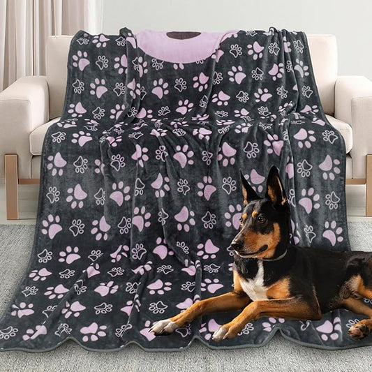 Upgraded Dog Blankets for Large Dogs 2024, Dog Cat Flannel Blankets Washable, Soft Pet Mat Throw Cover for Kennel Crate Bed, Cute Paw Pattern, Dog Blanket, Pet Blanket, GreyPink,50x60 inch