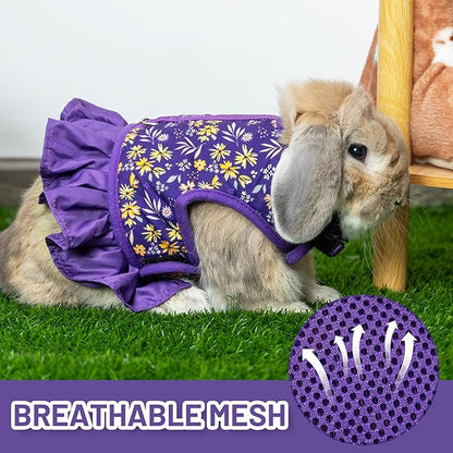 Rabbit Harness and Leash for Walking Escape Proof - Cute Floral Mesh Breathable Soft Bunny Vest Harness Outdoor for Camping, Hiking, Training - Also Suit for Ferret Kitten Puppy Small Animals