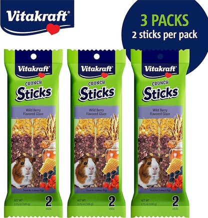 Vitakraft Crunch Sticks Guinea Pig Chewable Treats - Wild Berry and Honey - Supports Healthy Teeth - Multi Pack of 6 Sticks