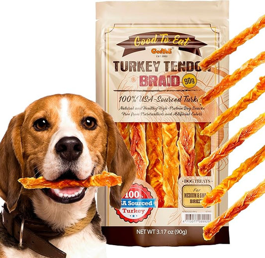 Gootoe Turkey Tendon Dog Treats – 100% USA-Sourced, Natural Snack, Premium Training Chews, Hypoallergenic, Reseal Value Bags, Size for Medium & Small Dogs, Braid (Medium) 3.17 oz/Pack (90gm)