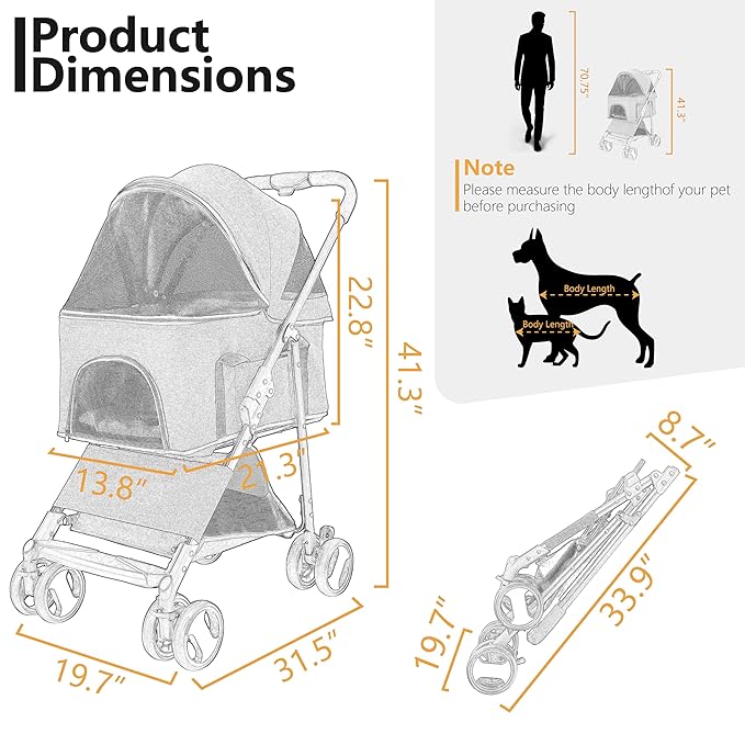 3-in-1 Dog Stroller for Medium Dogs 2 Dogs/Cats, 44lbs(Grey)