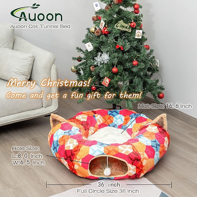 AUOON Cat Tunnel Bed with Central Mat,Big Tube Playground Toys,Soft Plush Material,Full Moon Shape for Kitten,Cat,Puppy,Rabbit,Ferret (Orange)