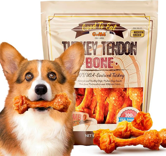 Gootoe Turkey Tendon Dog Treats – 100% USA-Sourced, Natural Snack, Premium Training Chews, Hypoallergenic, Reseal Value Bags, Size for Medium Dogs, Bone (M) Jumbo Pack, 1 lb (Pack of 1)