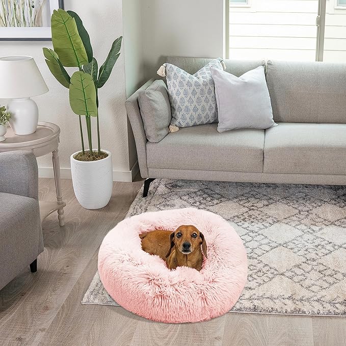 Best Friends by Sheri The Original Calming Donut Cat and Dog Bed in Shag Fur Cotton Candy Pink 23"