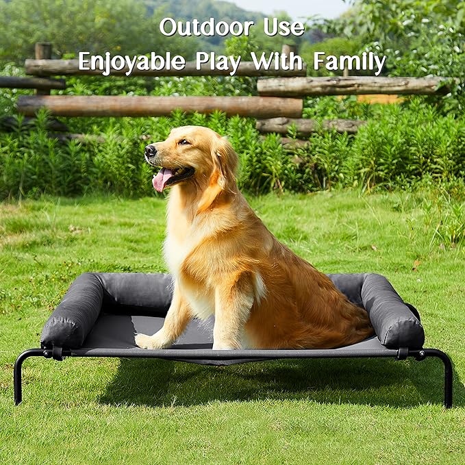 WESTERN HOME WH Elevated Dog Bed Cot, Raised Outdoor Dog Bed with Bolster for Large Dogs, Slightly Chew Proof Portable Cooling Pet Cot with Breathable Mesh, Skid-Resistant Feet, Grey, 43 inches