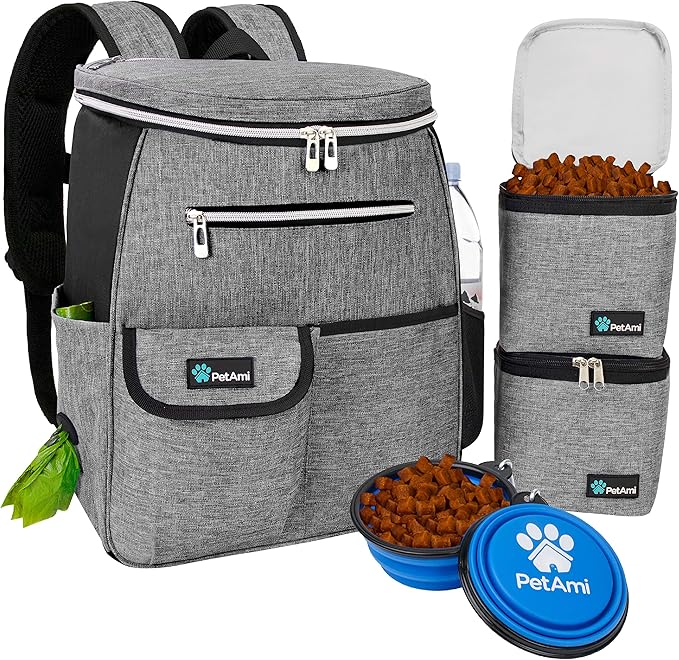 PetAmi Dog Travel Bag Backpack, Airline Approved Dog Bags for Traveling, Puppy Diaper Bag Supplies, Pet Camping Essentials Hiking Accessories Dog Mom Gift, Food Container, Collapsible Bowls, Gray