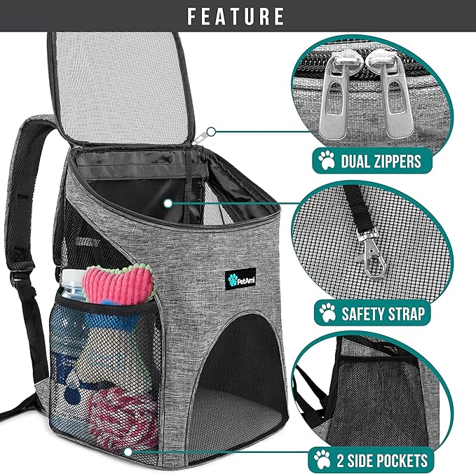 PetAmi Small Dogs and Cat Backpack Carrier, Airline Approved Pet Backpack Carrier, Ventilated, Safety Strap, Buckle Support Designed for Hiking Travel Camping Outdoor, Max 18 lbs (Heather Gray)