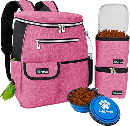 PetAmi Dog Travel Bag Backpack, Airline Approved Dog Bags for Traveling, Puppy Diaper Bag Supplies, Pet Camping Essentials Hiking Accessories Dog Mom Gift, Food Container, Collapsible Bowls, Pink