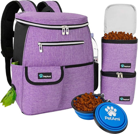 PetAmi Dog Travel Bag Backpack, Airline Approved Dog Bags for Traveling, Puppy Diaper Bag Supplies, Pet Camping Essentials Hiking Accessories Dog Mom Gift, Food Container, Collapsible Bowls, Purple