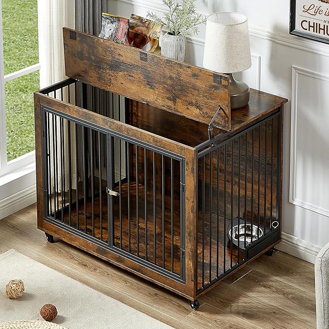 NicBex Dog Crate Furniture Dog Cage with 3 Doors and Rotatable Feeding Bowl