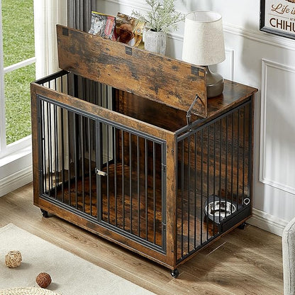 NicBex Dog Crate Furniture Dog Cage with 3 Doors and Rotatable Feeding Bowl