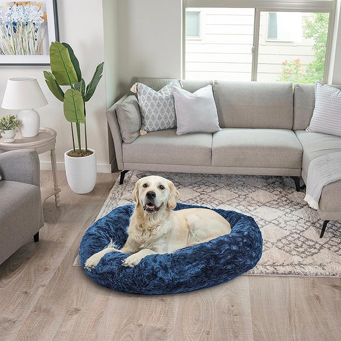 Best Friends by Sheri The Original Calming Donut Cat and Dog Bed in Lux Fur Navy 36"
