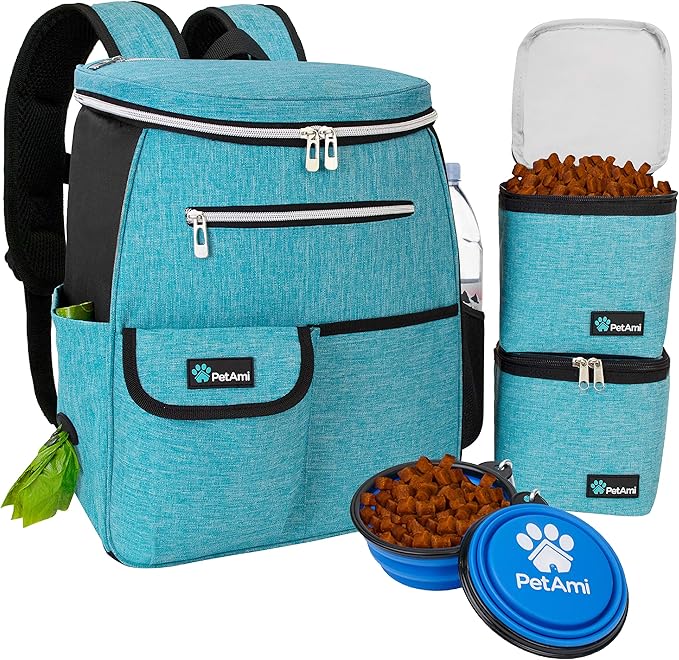 PetAmi Dog Travel Bag Backpack, Airline Approved Dog Bags for Traveling, Puppy Diaper Bag Supplies, Pet Camping Essentials Hiking Accessories Dog Mom Gift, Food Container, Collapsible Bowls, Teal Blue