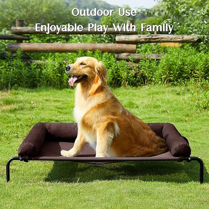 WESTERN HOME WH Elevated Dog Bed Cot, Raised Outdoor Dog Bed with Bolster for Large Dogs, Slightly Chew Proof Portable Cooling Pet Cot with Breathable Mesh, Skid-Resistant Feet, Brown, 43 inches