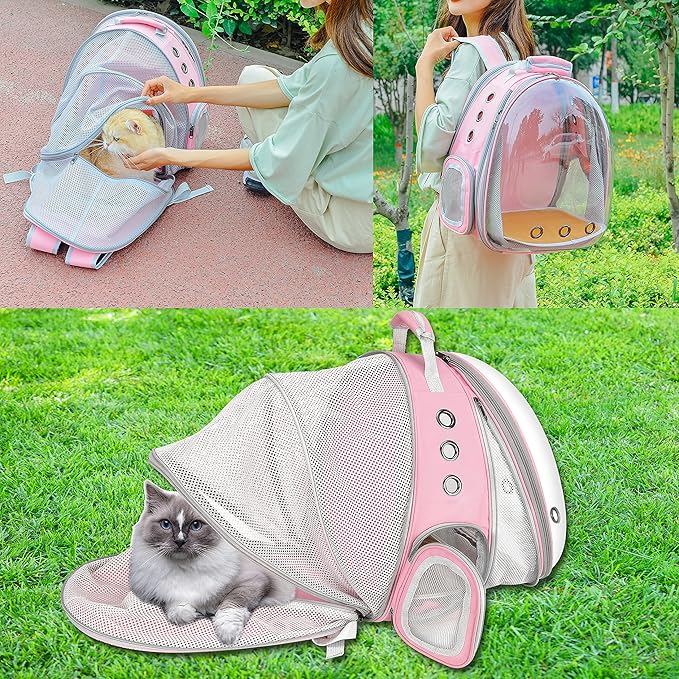 Cat Backpack, Expandable Front and Back Pet Backpack Carrier, Airline-Approved, Animal Carrying Backpacks for Cat and Dog, Transparent Capsule Dog Backpack for Travel, Hiking, and Outdoor Use Pink