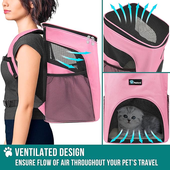 PetAmi Small Dogs and Cat Backpack Carrier, Airline Approved Pet Backpack Carrier, Ventilated, Safety Strap, Buckle Support Designed for Hiking Travel Camping Outdoor, Max 18 lbs (Pink)