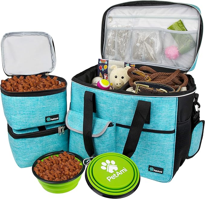 PetAmi Dog Travel Bag, Travel Pet Bag Organizer, Dog Food Travel Bag with Food Container and Bowls, Dog Travel Supplies Gift Accessories for Weekend Camping, Dog Cat Diaper Bag (Sea Blue, Large)